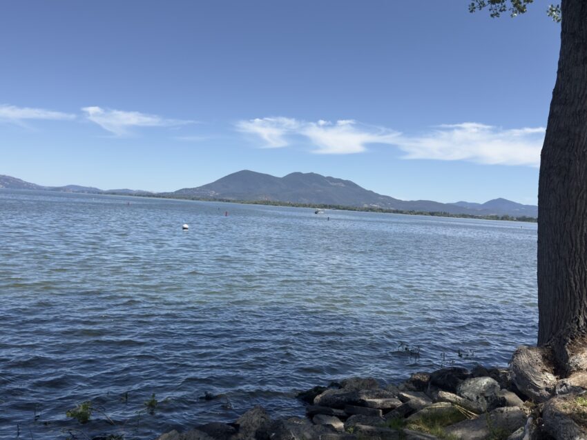 Clear Lake with Mount Konocti in the distance, seen from the Lakeport shoreline