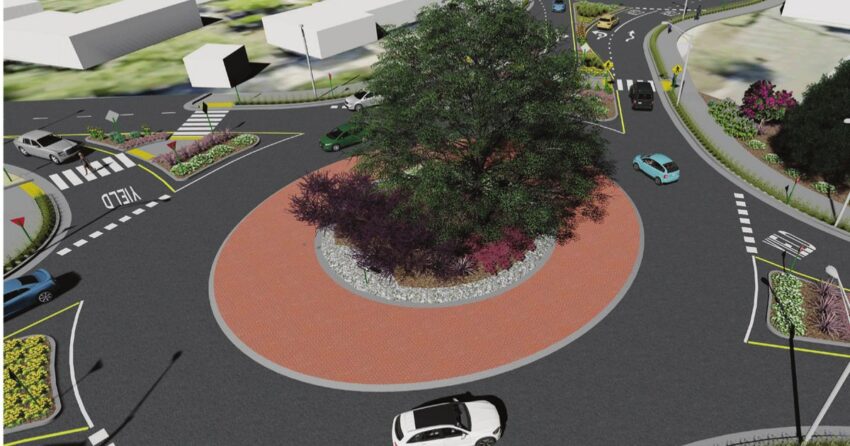 Rendering of a single-lane roundabout with a landscaped center island planned at Silverado Trail, Third Street and East Avenue in Napa