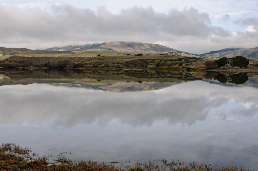 Still water of Nicasio Reservoir in West Marin County, with bare hills reflected under an overcast sky