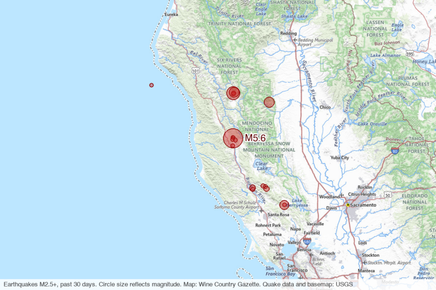 Map of magnitude 2.5-plus earthquakes in Sonoma, Mendocino, Lake and Napa counties over the past 30 days, plotted from USGS data