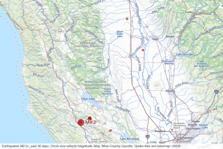 Map of magnitude 2.5-plus earthquakes in Sonoma, Mendocino, Lake and Napa counties over the past 30 days, plotted from USGS data