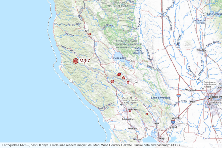 Map of magnitude 2.5-plus earthquakes in Sonoma, Mendocino, Lake and Napa counties over the past 30 days, plotted from USGS data