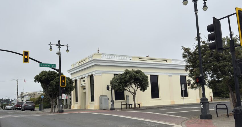 Fort Bragg Town Hall, a cream-colored one-story building at the corner of Main and Laurel streets