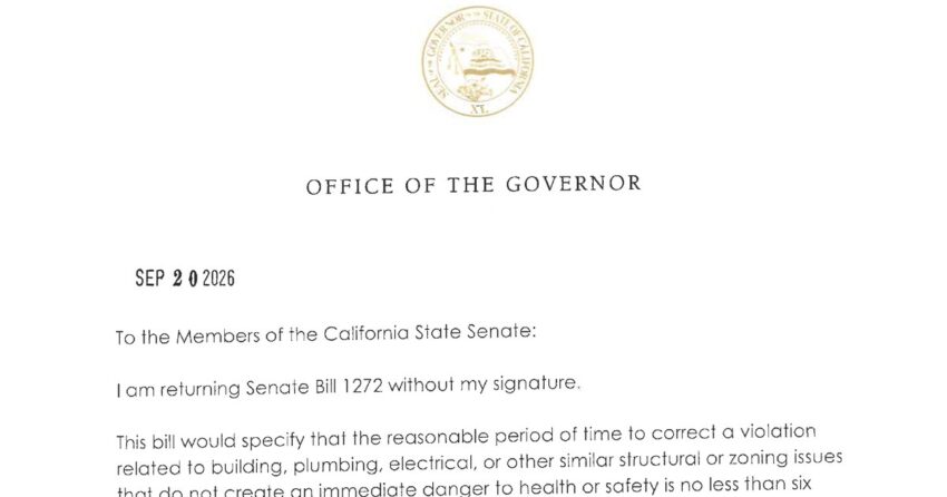 Governor's veto message for Senate Bill 1272 on Office of the Governor letterhead, dated Sept. 20, 2026