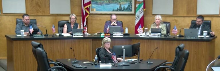 Five Lake County supervisors seated at the dais in the Lakeport board chambers