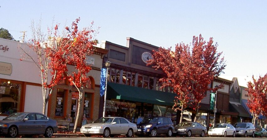 Storefronts and trees with red leaves along Main Street in Sebastopol